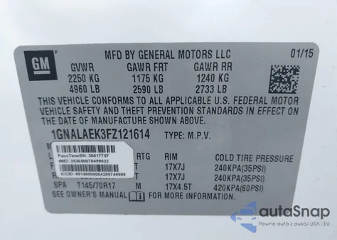 2015 Chevrolet Equinox Ls from USA, damaged, VIN 1GNALAEK3FZ121614